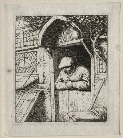 Boer leunend in zijn deuropening door Adriaen Jansz. van Ostade