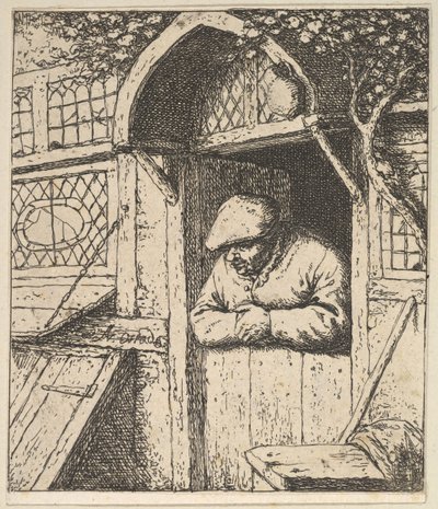 Boer leunend op deur door Adriaen Jansz. van Ostade