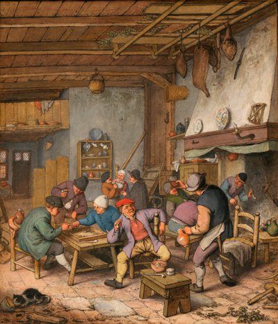 Kamer in een herberg met boeren die drinken, roken en backgammon spelen door Adriaen Jansz. van Ostade