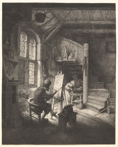 De schilder in zijn atelier door Adriaen Jansz. van Ostade