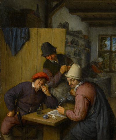 Drie drinkende en rokende boeren in een taverne door Adriaen Jansz. van Ostade