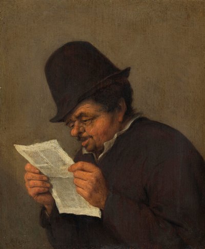 Oude boer die een krant leest, c.1647 door Adriaen Jansz. van school of Ostade