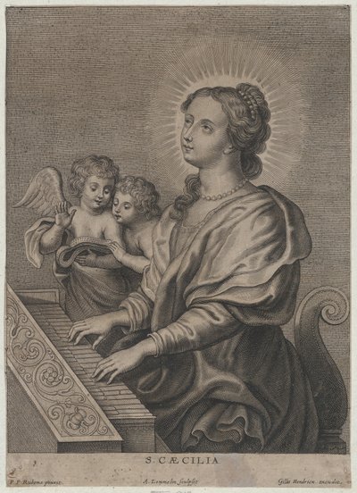 Sint Cecilia speelt orgel met twee putti links door Adriaen Lommelin