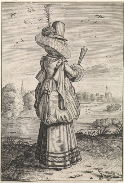 Kleding en omgeving van Nederlandse adellijke dames en boerinnen (series title) door Adriaen Matham (possibly)