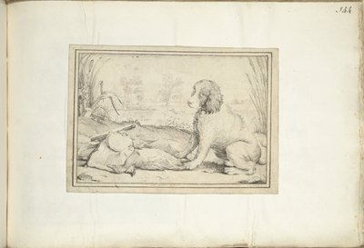 Hond naast jachtuitrusting en buit in landschap door Adriaen Matham (signed by artist)