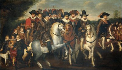 Prins Maurits vergezeld door zijn twee broers, Frederik V, keurvorst van de Palts, en graven van Nassau te paard door Adriaen Pietersz van de Venne (follower of)