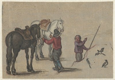 Man twee paarden vasthoudend en een man bij vogels door Adriaen Pietersz van de Venne (possibly)