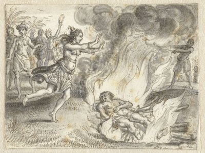 Crematie zoals beoefend door mensen in een ver land door Adriaen Pietersz van de Venne