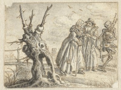 Oude man en vrouw die vrijwillig de dood volgen, spelend op doedelzak door Adriaen Pietersz van de Venne