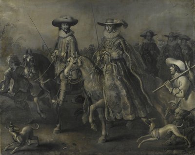 Friedrich V (1596-1632), keurvorst van de Palts, koning van Bohemen, en zijn vrouw Elizabeth Stuart (1596-1662) te paard door Adriaen Pietersz van de Venne