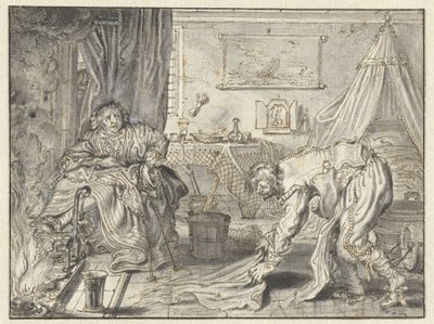 Man die de vloer schoonmaakt terwijl zijn vrouw bij de haard zit door Adriaen Pietersz van de Venne