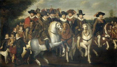 Prins Maurits vergezeld door zijn twee broers, Frederik V, keurvorst van de Palts, en graven van Nassau te paard, ca. 1625 door Adriaen Pietersz van de Venne