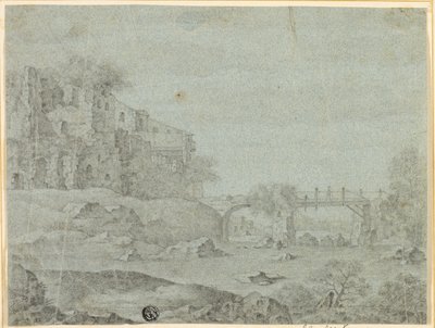 Ruïnes met uitzicht op rivier en brug door Adriaen Pietersz. van de Venne