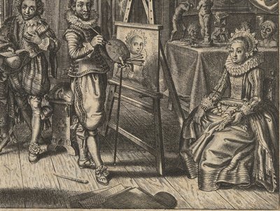 Schilder en vrouwelijk model in atelier door Adriaen Pietersz van de Venne