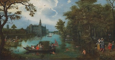 Zomers landschap met bootje en baders door Adriaen Pietersz. van de Venne