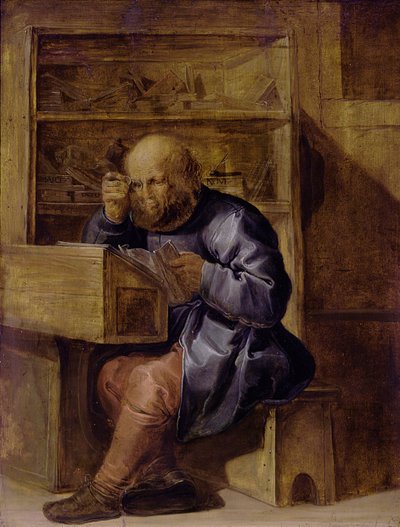 De proeflezer Cornelis Kiel aan het werk, eerste helft van de 17e eeuw door Adriaen Pietersz. van de Venne
