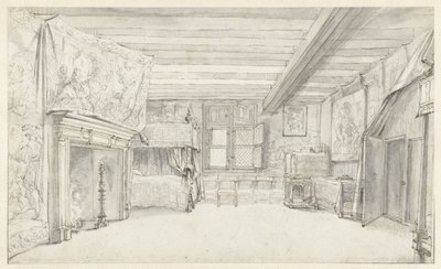Gezicht op een rijk ingerichte kamer met een hemelbed door Adriaen Pietersz van de Venne