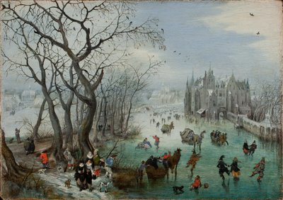 Winterlandschap met schaatsers bij een kasteel, 1615 door Adriaen Pietersz van de Venne