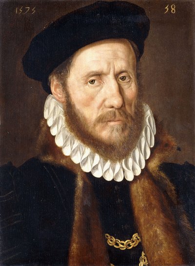 Portret van een Bejaarde Heer met Baard, buste lengte, met Gouden Kettingen onder een met Bont gevoerde Jas, 1575 door Adriaen Thomasz Key