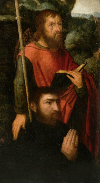 Een Mannelijke Heilige met een Donor door Adriaen circle of Ysenbrandt
