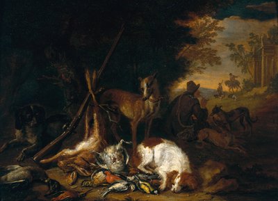 Een jager met zijn honden door Adriaen de Gryef