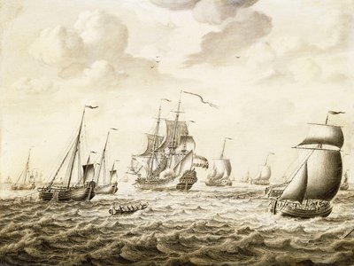 Een Nederlands Oorlogsschip dat een Saluut Afvuurt - een Penschilderij door Adriaen van Salm