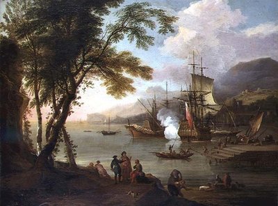Een capriccio van een mediterrane haven met schepen, kooplieden en havenarbeiders door Adriaen van Diest