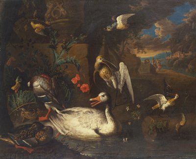 Watervogels in een landschap en figuren door Adriaen van Oolen