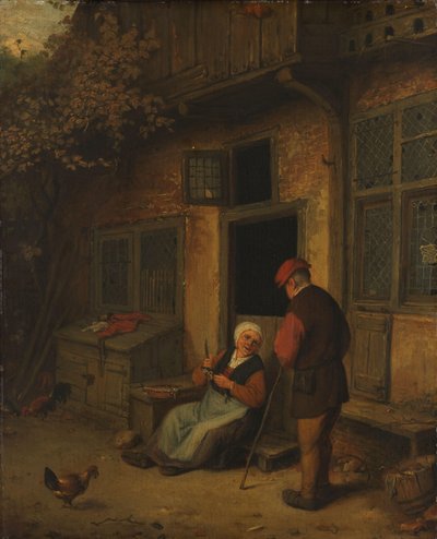 Een Vrouw die Haringen Schoont voor haar Huis door Adriaen van Ostade (copy after)