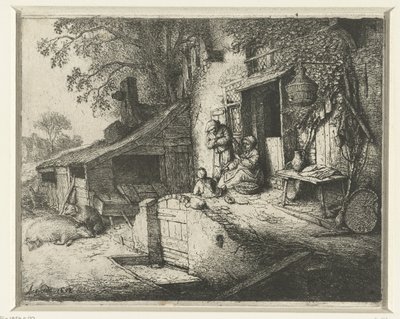 Spinnende vrouw voor een huis door Adriaen van Ostade (signed by artist)