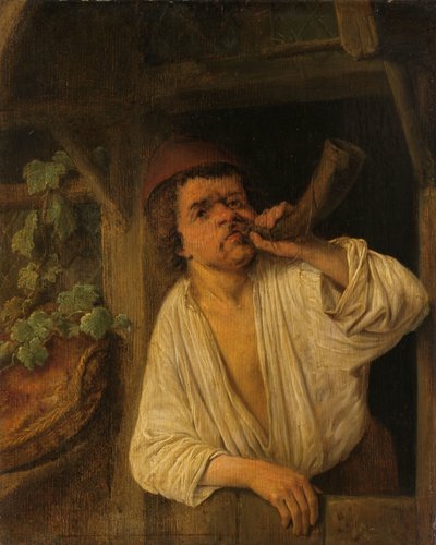 Een bakker die op zijn hoorn blaast door Adriaen van Ostade