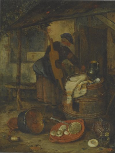 Een dienstmeid bij een deur met een vat en groenten door Adriaen Jansz. van Ostade