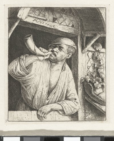 Bakker blaast op een hoorn door Adriaen van Ostade