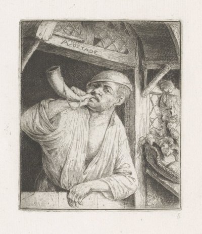Bakker blaast op een hoorn in een deuropening door Adriaen van Ostade