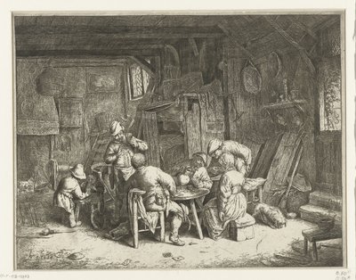 Boeren aan een maaltijd in een herberg door Adriaen van Ostade