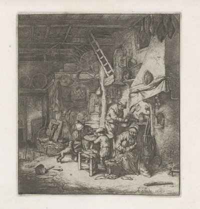 Boerengezin in een interieur door Adriaen van Ostade