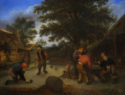 Deens:  Kuglespillerne i krohaven Balspelers in de herbergtuin door Adriaen van Ostade