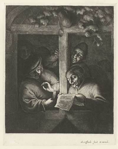 Drie mannen zingen van blad papier bij kaarslicht in open raam door Adriaen van Ostade