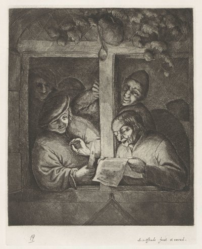 Drie mannen zingen van blad papier bij kaarslicht in open raam door Adriaen van Ostade