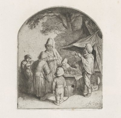 Figuren bij een kraam van een kwakzalver door Adriaen van Ostade