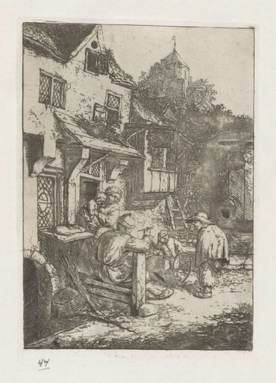 Gebochelde vioolspeler voor een herberg door Adriaen van Ostade