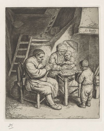 Gezin aan tafel voor de maaltijd door Adriaen van Ostade