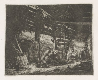 Interieur van een hooischuur door Adriaen van Ostade