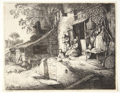 Vrouw die spint voor een boerderij door Adriaen van Ostade