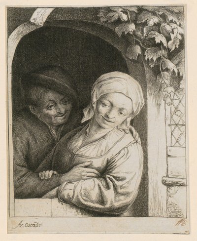 Landelijke tederheid - Boerenpaar in de deuropening door Adriaen van Ostade