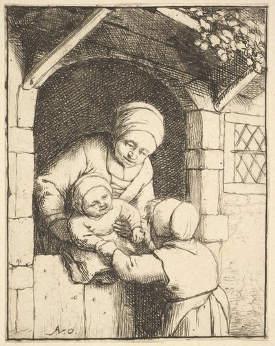 Klein Meisje Spelend met een Baby in de Armen van haar Moeder, 1610-85 door Adriaen van Ostade