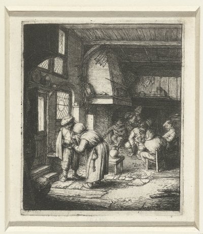 Man betaalt zijn kosten aan vrouw in een herberg door Adriaen van Ostade