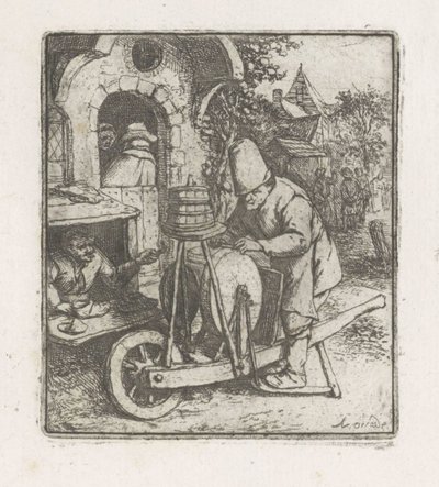 Messenslijper aan het werk bij een schoenmaker door Adriaen van Ostade