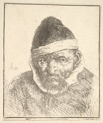 Oude man met witte kraag en puntmuts door Adriaen van Ostade