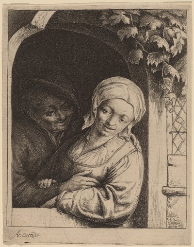 Boerenpaar in een deuropening (dorpsromantiek) door Adriaen van Ostade